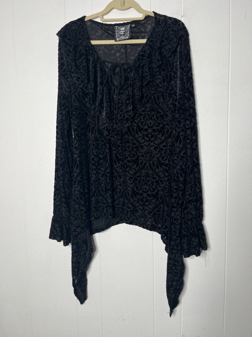 Killstar Black Burnout Velvet Tie-Neck Blouse Size XXL Goth Grunge Ruffle Trim